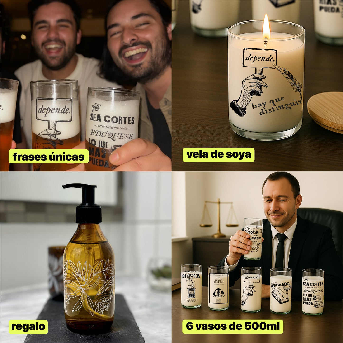 Pack Veredicto 6 Juegos de Vasos de Abogado - Incluye Vela Abogado + Dispensador de Regalo