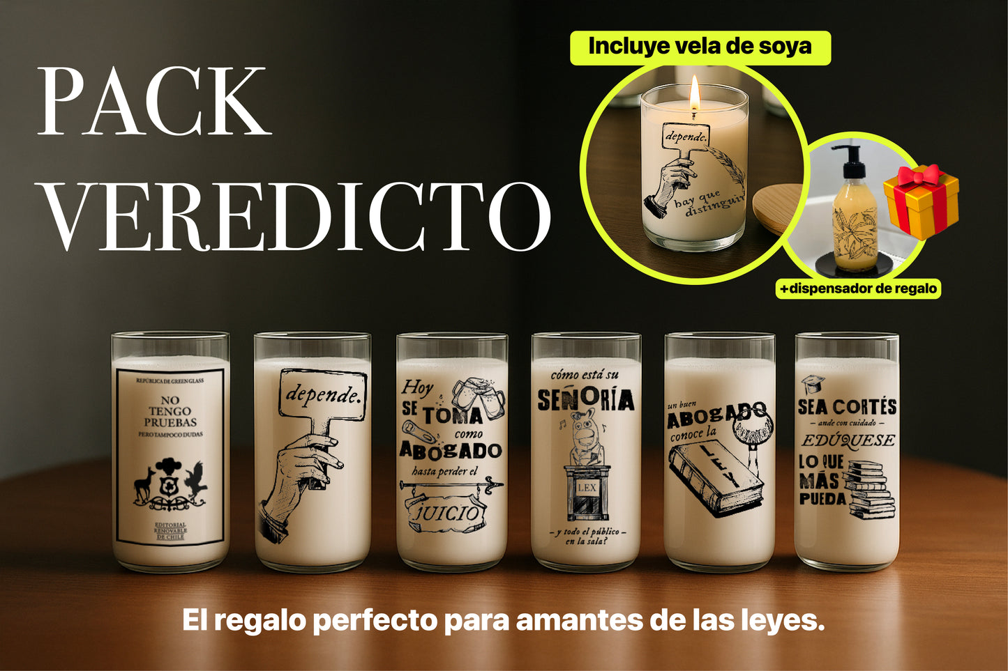 Pack Veredicto 6 Juegos de Vasos de Abogado - Incluye Vela Abogado + Dispensador de Regalo