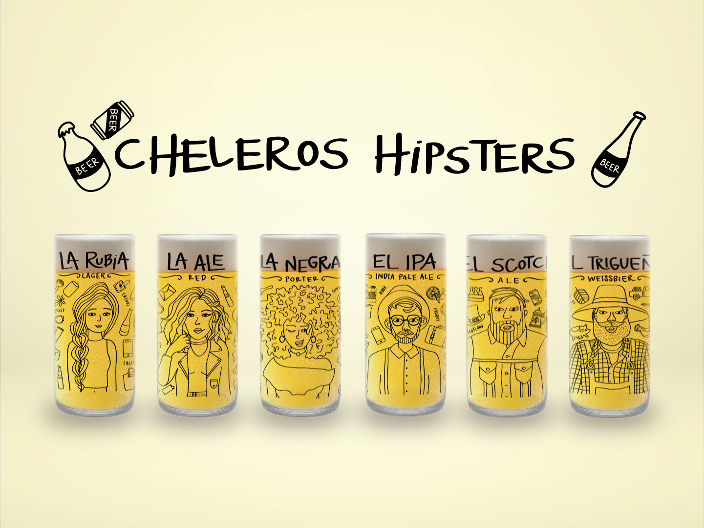 Cheleros Hipsters  - Juego de 6 Vasos - 500 ml